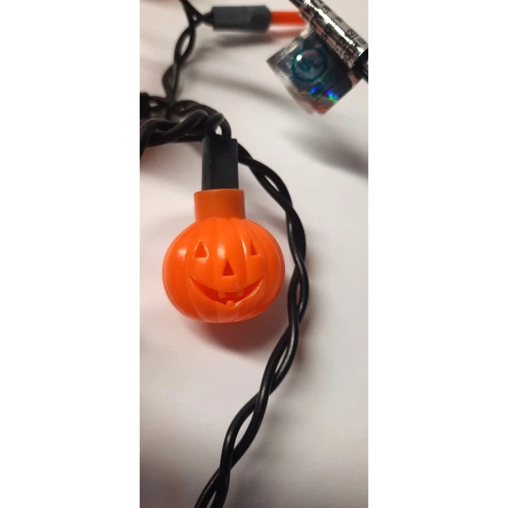 Vtg Halloween Pumpkin Jack O Lantern String Lights Orange Black Wire 20 Count